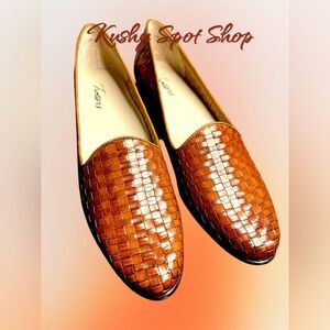 🔥🍂🧺 👞 TROTTERS™️ LIZ TAN LEATHER LOAFERS BASKETWEAVE DESIGN SZ W 10.5 Slim✨